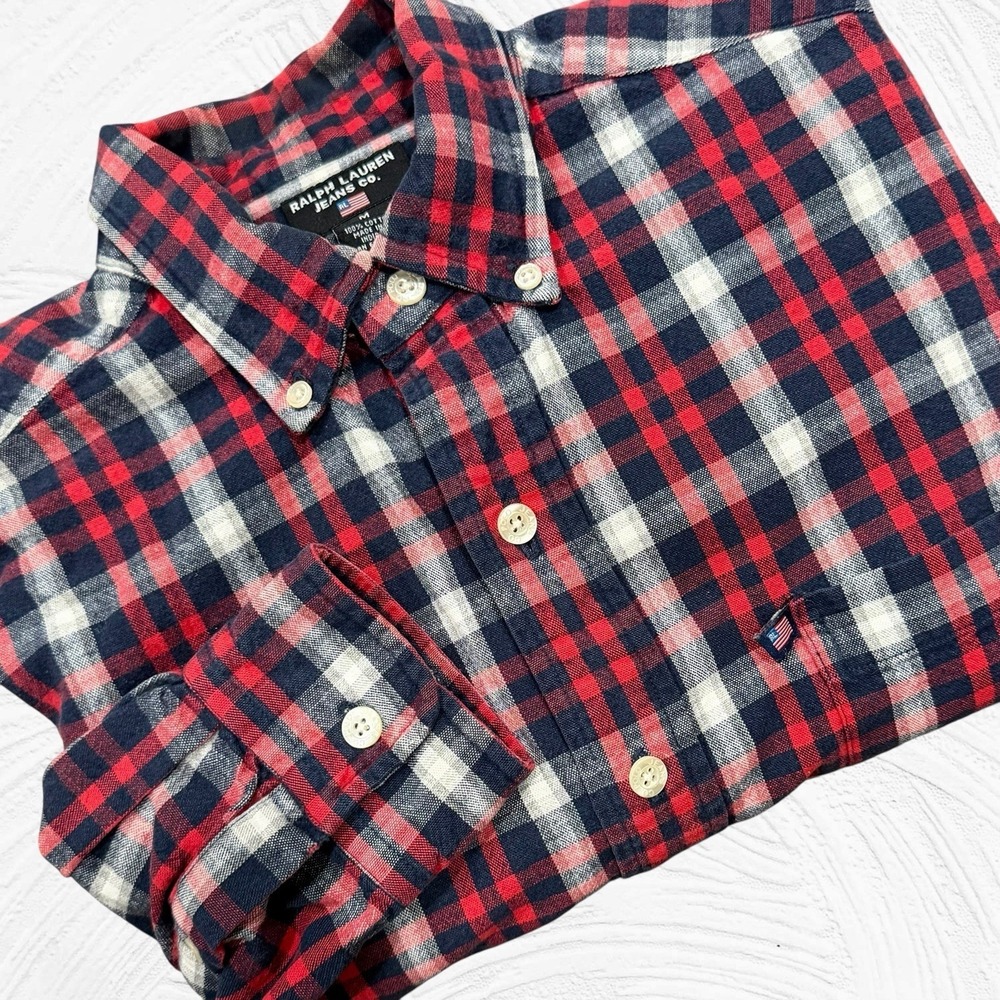 Vintage Ralph Lauren Jeans Co. Heavy Cotton Button Down Shirt Red Blue Plaid 90s